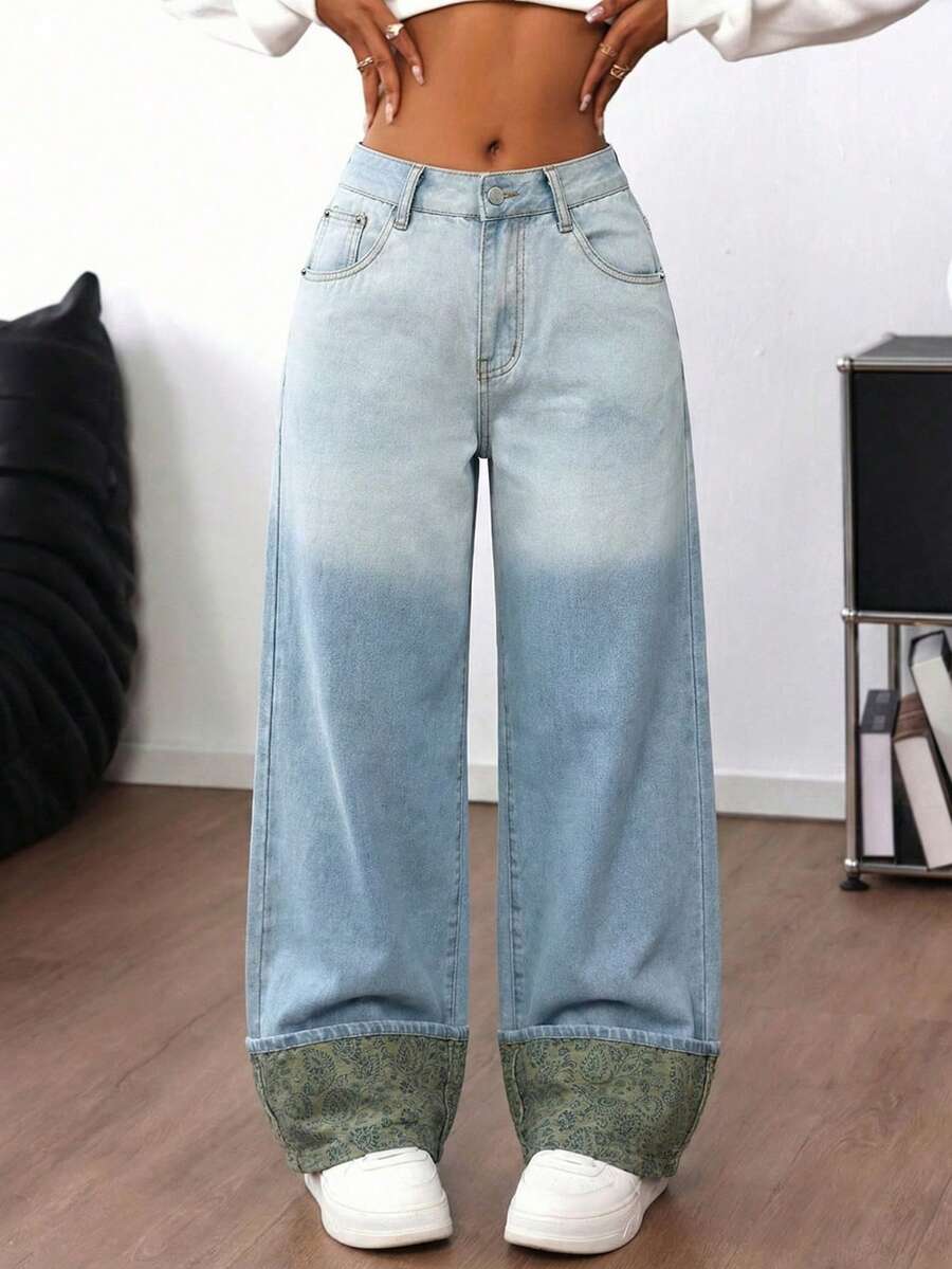 SHEIN EZwear Quần jeans nữ dáng suông rộng rãi, thoải mái, có đai lưng, đa năng cho mùa hè. - Rửa nhẹ - Xem 1