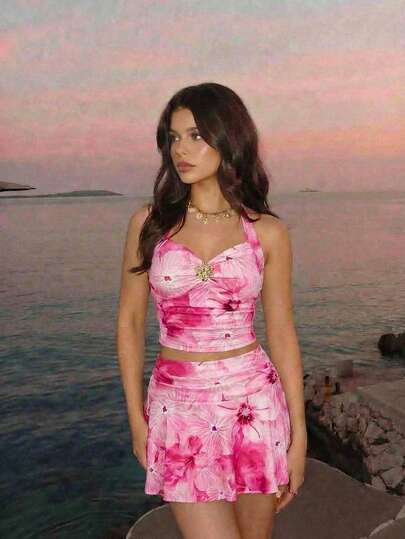 SHEIN MOD Women's Fashion Vacation Printed Halter Top & Mini Skirt 2 Pieces Set, Women's Floral Print Mini Two Piece Dress Set Halter Neck Top And Pleated Skirt, Summer, Vacation Outfits, Retro, Vintage, Country Outfits, Going Out, Date, Picnic, Party, Prom, Festival, Birthday Wear, Cottagecore, Tea Party Outfit, Milkmaid Dress, French Style Dress, Floral Print Set, Holiday Outfits, Beach Outfit, Pink Set