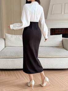 DAZY Women's Contrast Color Collar Long Sleeve Side Slit Hem Elegant Sexy Mid-Length Dress Autumn Dresses For Women Dinner Date White And Black Vacation - Black and White - View 5