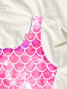 SHEIN Traje de baño de una pieza con estampado de escamas de pez para niña preadolescente, adecuado para vacaciones en la playa, fiestas en la piscina, fiestas en la playa - Rosa Pálido - Ver 4