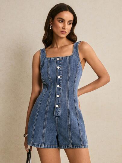 Poéselle Quần yếm và áo liền quần denim dáng ôm thoải mái dành cho nữ