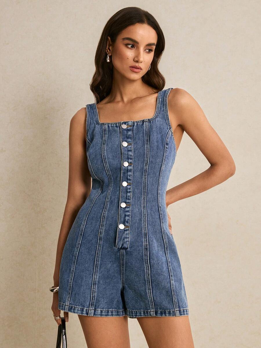 Quần yếm và áo liền quần denim dáng ôm thoải mái dành cho nữ - Rửa tối - Xem 1