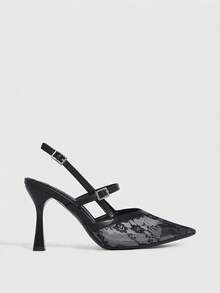 CUCCOO SZL Black Lace Net Fabric French Style Peep Toe High Heel Sandals, Suitable For Dresses, Autumn - Black - View 3