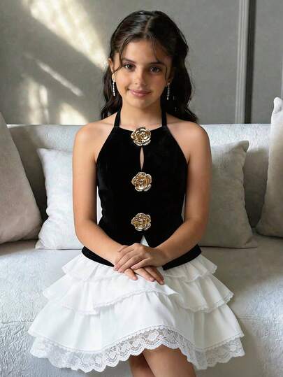 SHEIN 少女黑色针织修身吊带背心，饰有金色花卉图案和开衩，时尚百搭。