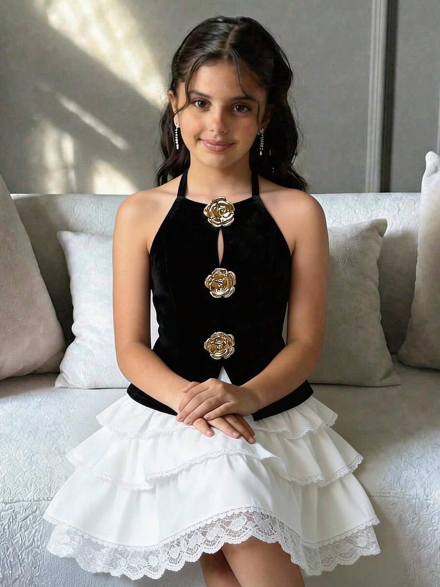 SHEIN 少女黑色针织修身吊带背心，饰有金色花卉图案和开衩，时尚百搭。 - 黑色 - 查看 1