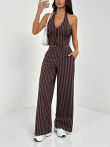 SHEIN PETITE Spring/Summer Office Lady V-Neck Sleeveless Top With Open Back & Wide Leg Pants, Slimming And Lengthening Outfit For Streetwear Brown Two Piece Set Women Striped Two Piece Set - Brown - View 8