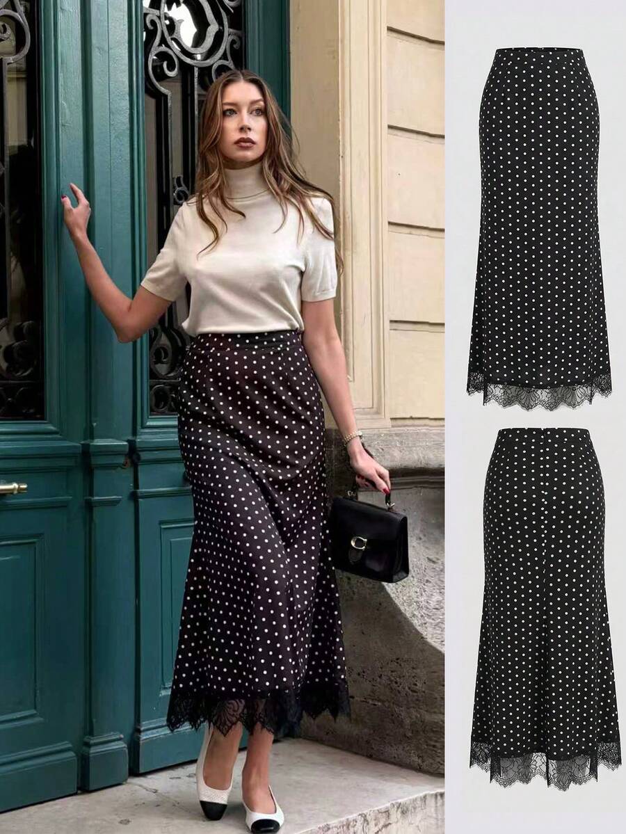 Pariaura 2026 New Arrivals Women's Elegant High Waist Black Polka Dot Mermaid Maxi Skirt With Lace Trim, Slim Fit Flowy Long Skirt For Daily Casual Party Evening Wear - Black - View 1