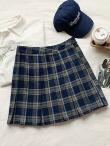 SHEIN EZwear 蓝色格子百褶中长裙，女士休闲纽扣百褶拉链迷你修身自然多色格子裙，非常适合春夏日常休闲穿着。 - 藍色 - 查看 6