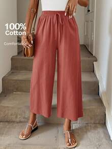 Easowa 休闲棉麻混纺九分裤，卡其色，薄款，适合返校季、教师制服穿着，女士款 - 黏土紅 - 查看 7