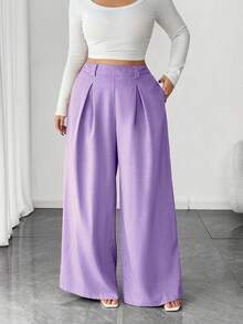 Elenzga Pantalones para mujer de talla grande, unicolor albaricoque, estilo elegante, de moda para ir al trabajo y la oficina - Morado - Ver 3