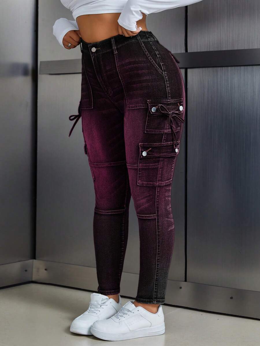 SHEIN ICON 大码女式口袋纽扣打结休闲百搭日常牛仔裤 - 黑色 - 查看 1