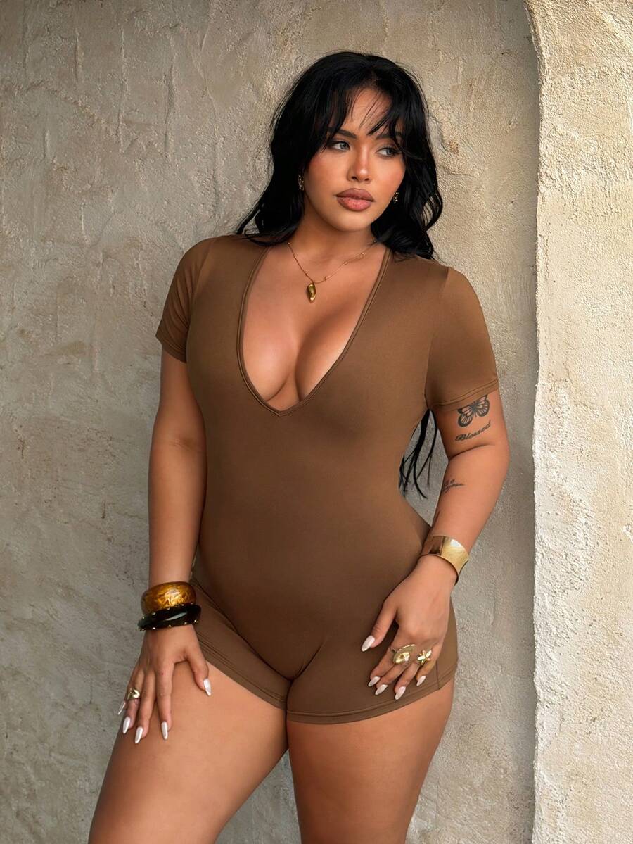 Rustia Plus Size Women's V-Neck Deep V Jumpsuit Shorts, Casual Basic Jumpsuit For Home & Outdoor, Minimalist Sexy Jumpsuit, Spring/Summer - Brown - View 1