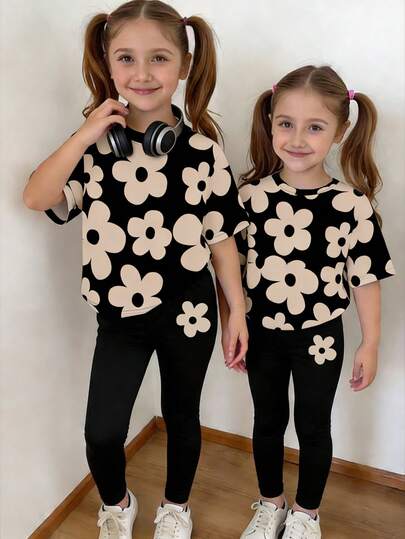 Set de 2 piezas de ropa para niña bebé, blusa de manga corta con cuello redondo y estampado floral lindo, y pantalones de licra negros, adecuado para salidas en primavera/verano, temporada de vacaciones