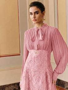 Anewsta Navy Blue Mid-Length Dress With Tie Collar, Beaded Elegant Jacquard Chiffon Patchwork Long Sleeve Dress For Party - Pink - View 6