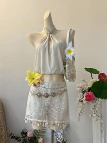 SuriyaCove 时尚甜美修身亮片刺绣A字迷你裙 - 杏色 - 查看 6