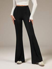 SHEIN Tall Pantalones acampanados de mujer con borde de lechuga elástico - Negro - Ver 3