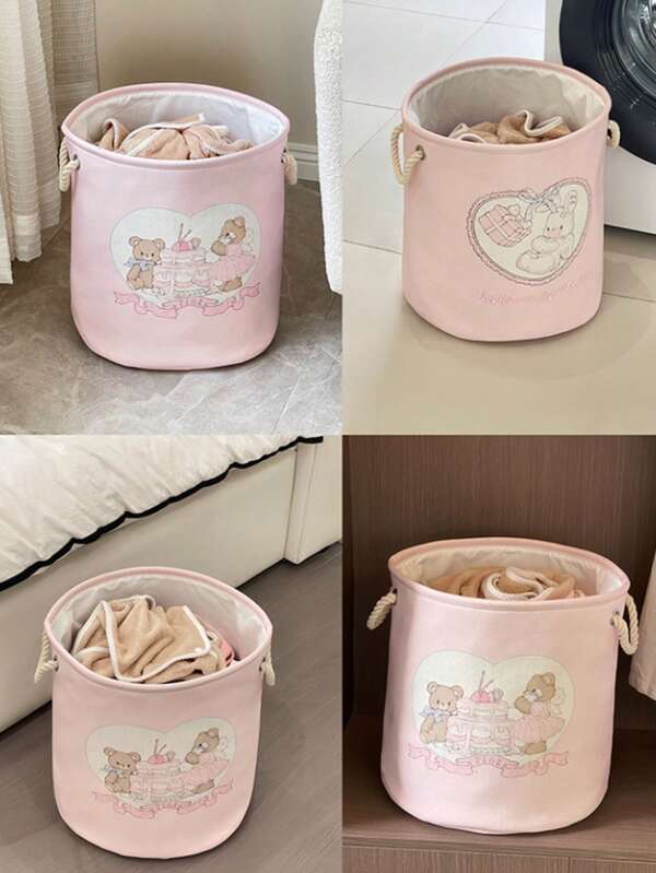 Pink Laundry Basket Cute Rabbit And Bear Design Storage Basket, Foldable Dirty Clothes Basket Storage Bucket, Thick Fabric Storage Basket, Used For Clothes, Toys And Miscellaneous Items, Home Decoration, Bedroom Storage Basket, 13.8x15.7In/35x40cm