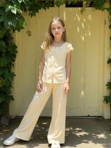 ChillGRL Tween Girls' Summer Fashion Versatile Off Shoulder Round Neck Shirt And Pants Set, Bow Accent Open Cardigan Design, Striped Woven Soft Fabric, Sweet Girl's Choice For Party And Commuting - Yellow - View 4