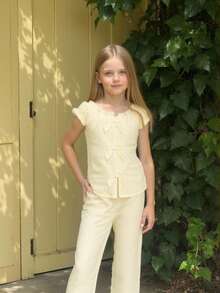 ChillGRL Tween Girls' Summer Fashion Versatile Off Shoulder Round Neck Shirt And Pants Set, Bow Accent Open Cardigan Design, Striped Woven Soft Fabric, Sweet Girl's Choice For Party And Commuting - Yellow - View 5