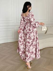 Feyla 女士优雅印花方领长袖连衣裙 - 粉色 - 查看 6