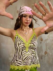 Rina Fox Áo camisole thời trang nữ phối ren họa tiết ngựa vằn - màu xanh lá - Xem 1