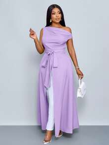 SOLERSUN Women's Plus Size Asymmetrical Neck Blouse Split Thigh Tie Front One Shoulder Shirts - Purple - View 5