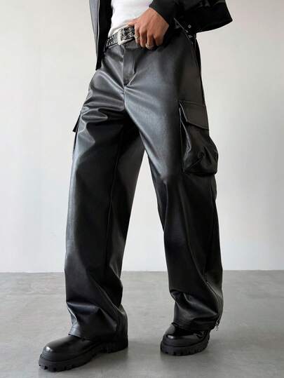 PAVTROS Men's Black PU Leather Pants, Loose Straight Leg Pants, Versatile Leather Pants, Men's Black Leather Pants, Men's Wide-Leg Pants, Black Leather Street Style Pants, Men's Loose Pants, Street Style, Boyfriend Gift.,Spring To Summer,Y2k,Streetwear,Festival,Vacation,Gift For My Boyfriend,Party,Workout,Old Money,Going Out,Vintage,
