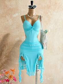 Soleia Đầm nữ lãng mạn, gợi cảm, dây mảnh, cổ chữ V xoắn, khoét eo, xếp ly, vạt bất đối xứng, thích hợp cho bãi biển, bờ biển, gợi cảm, hẹn hò, kỳ nghỉ biển, lễ hội, tiệc trà chiều, mùa cưới. - Màu xanh lam - Xem 1