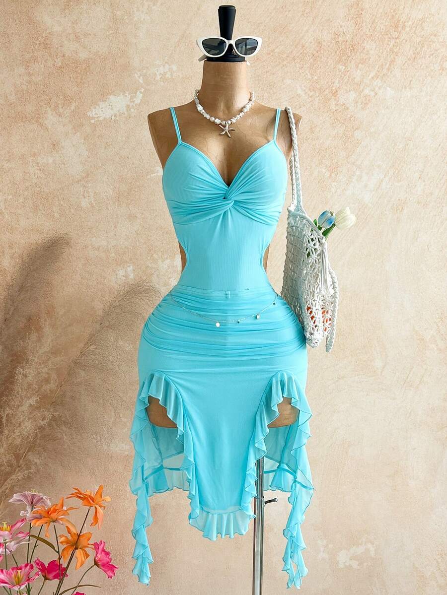 Soleia Đầm nữ lãng mạn, gợi cảm, dây mảnh, cổ chữ V xoắn, khoét eo, xếp ly, vạt bất đối xứng, thích hợp cho bãi biển, bờ biển, gợi cảm, hẹn hò, kỳ nghỉ biển, lễ hội, tiệc trà chiều, mùa cưới. - Màu xanh lam - Xem 1