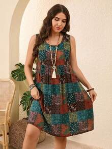 大码休闲拼接印花无袖连衣裙，波西米亚风女装/夏季，西式女装，度假装 - 藏蓝色 - 查看 4