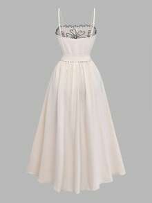 GlowEve 女士浅杏色撞色刺绣腰部A字连衣裙，魅力优雅甜美可爱，适合日常、度假、通勤、约会等各种场合，法式街头复古百搭春夏新款浅杏色无袖中长连衣裙 - 杏色 - 查看 2