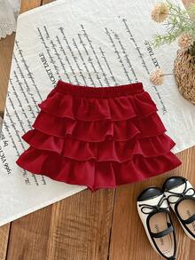 Babygirl Summer Cute Casual Versatile Black Ruffle Elastic Waist Mini Skirt - Red - View 2