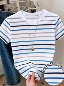 Resyla Women's Striped Minimalist Round Neck Short Sleeve T-Shirt - Multicolor - View 1