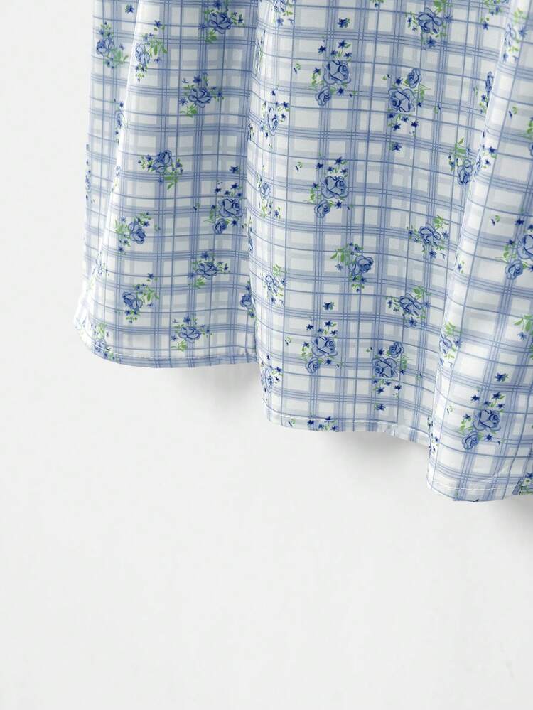 Short Dress With Blue Checkered Floral Print And Tied Sleeves Cute Style Spring Summer Vacation French Style Parisian Style Wedding Guest Dress