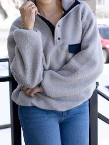 Melissa Matos Women's Casual Collared Half-Zip Sweatshirt, Autumn - Grey - View 6