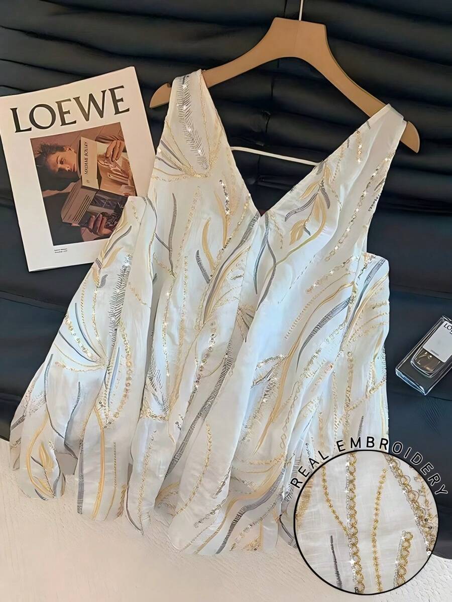 Airaco Women's Retro V-Neck Sleeveless Sequin Tank Top, Fashion Summer - White - View 1