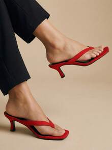 Glamine Women's Classic Minimalist Striped Thong High Heel Sandals - Red - View 1