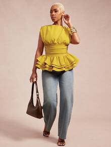 Vixey 纯色梭织圆领褶皱无袖层叠荷叶边下摆上衣 - 黃色 - 查看 3
