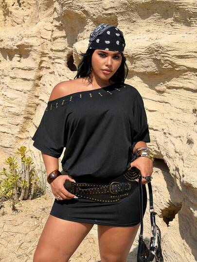 Rustia Plus Size Women's Sleeveless Bronze Rivet Contrast Color Short Sleeve Black Elegant Vintage Cute Casual Vacation Home Wrap Dress