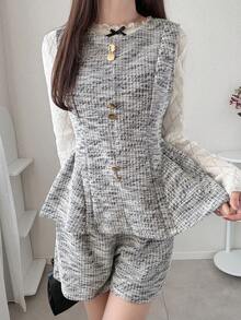 FRIFUL Women's Plaid Button Design Vest And Shorts Casual 2 Pieces Set - Black and White - View 5