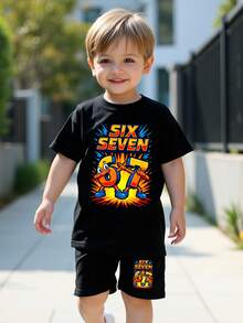 2件套幼儿男童休闲创意图案67闪电爆炸印花短袖T恤和短裤套装，舒适百搭，适合春、夏、秋季日常穿着。 - 黑色 - 查看 3
