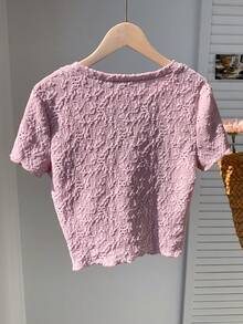 Comfortcana Beige Jacquard Knit Crew Neck Basic Short Sleeve T-Shirt, Summer - Mauve Purple - View 2
