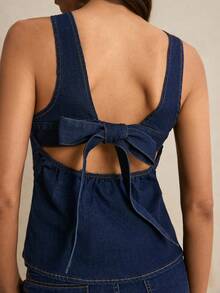 Poéselle New Women's Denim Top, Fitted Waist, Round Neck, Backless, Drawstring, Sleeveless, Casual Denim Top, Dark Blue Denim Top.Summer Tops  Festival Outfits For Women Casual Blouse For Women Vacation Outfits Women Y2K Tops Work Outfits For Women Backless Denim Dress Open Back Dresses For Women Denim Dress Jean For Women Zipper Top Summer Prep - Dark Wash - View 4