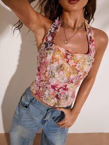 SHEIN BAE 女款優雅夏季花卉串珠拼接掛脖上衣，適合度假、音樂節、Y2K魅力約會、生日派對上衣 - 彩色 - 查看 3