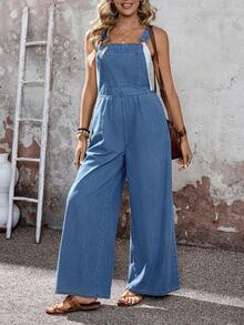 EMERY ROSE Women's Casual Everyday Commute Slant Pocket Loose Wide Leg Denim Jumpsuit - Blue - View 5