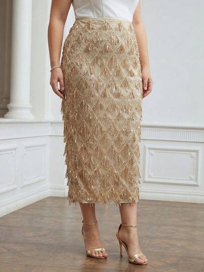 MOTF PREMIUM PLUS SIZE BEADED FRINGE STRAIGHT SKIRT