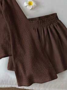 Resyla Women's Casual Solid Color Tie-Up Shirt & Shorts Set - Brown - View 4