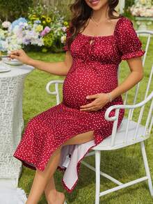 SHEIN Polka Dot Petal Sleeve Tie Front Ruffle Trim Maternity Dress, Suitable For Summer Vacation & Beach - Burgundy - View 1