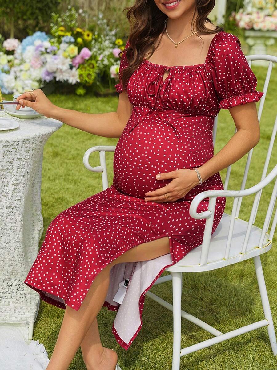 SHEIN Polka Dot Petal Sleeve Tie Front Ruffle Trim Maternity Dress, Suitable For Summer Vacation & Beach - Burgundy - View 1