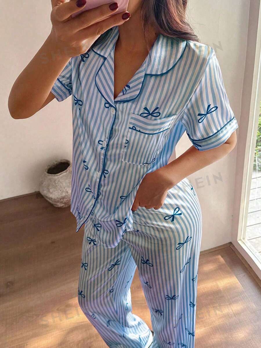 Dream Adore 女士仿丝条纹蝴蝶结领短袖睡衣套装 - 藍色 - 查看 1